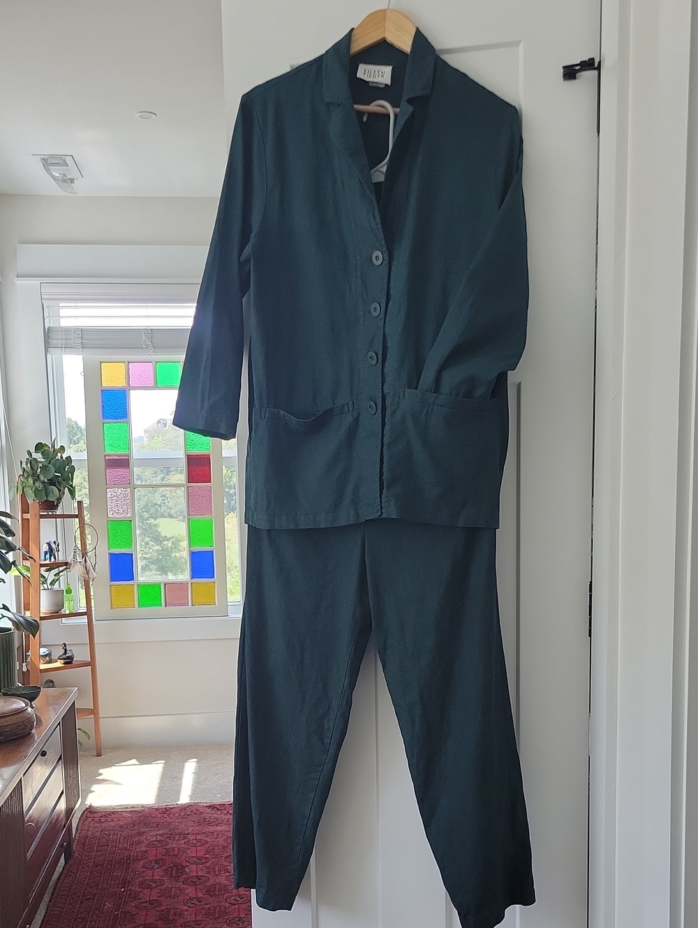 Eileen Fisher Dark Teal Relaxed Linen 3/4 Sleeve Jacket & Pant Set